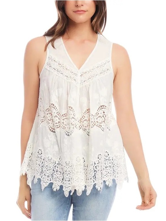 Karen Kane Tops - White Lace Embroidered Boho Tank Top 100% Cotton Sleeveless Crochet Trim Size M